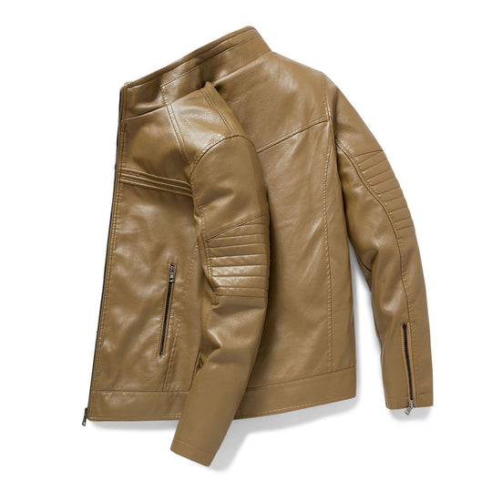 Herren Slim-Fit Kunstleder-Motojacke mit Stehkragen und gesteppter Ärmelpasse Nord Taschen