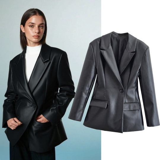 Damen Taillierter Longline-Kunstlederblazer mit Ein-Knopf-Verschluss und Pattentaschen Nord Taschen