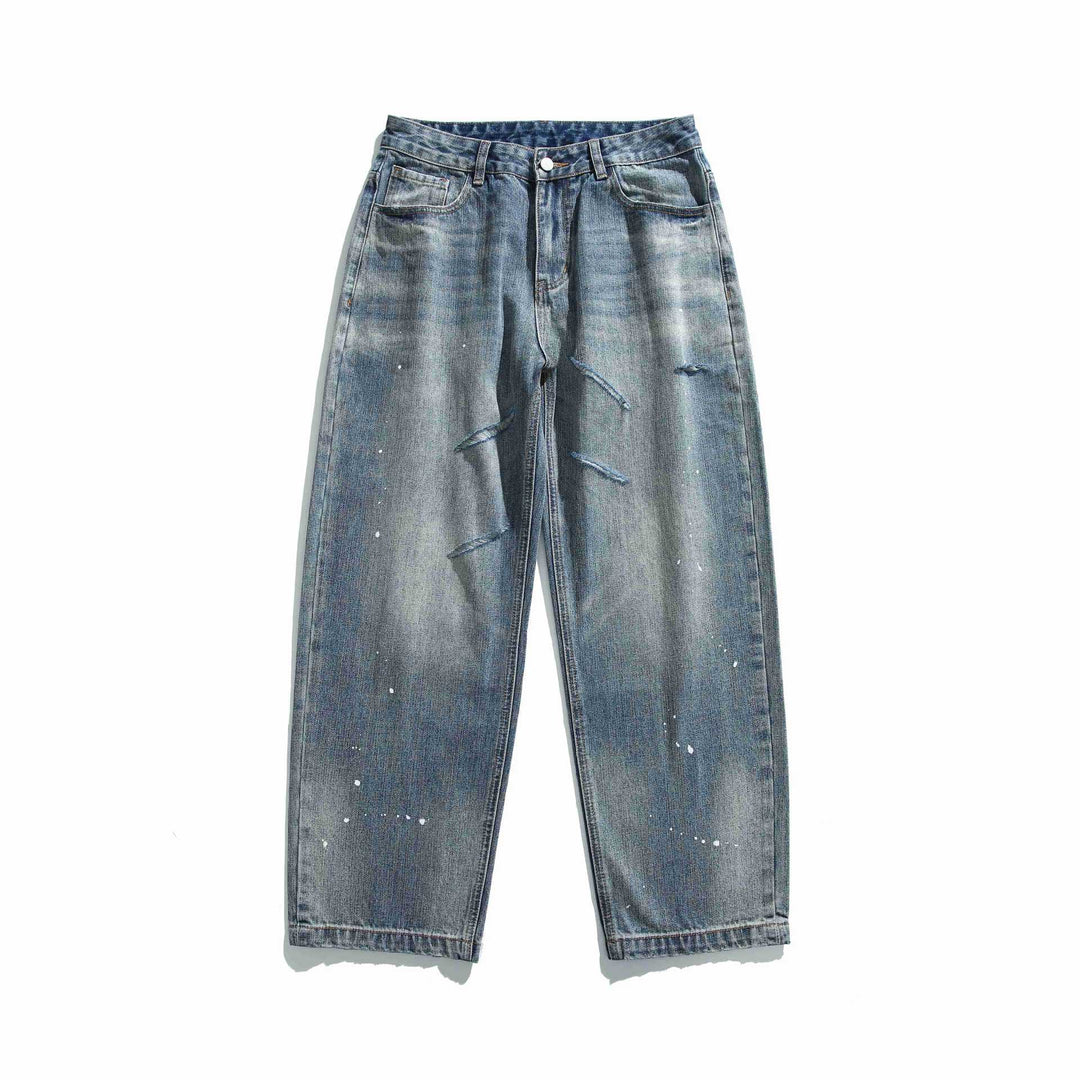 Damen Hochtaillierte lockere Jeans mit Used‑Effekt und Farb‑Splatter Nord Taschen