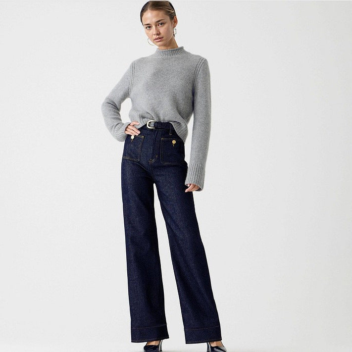 Damen High-Waist Wide-Leg-Jeans mit aufgesetzten Fronttaschen und weitem Bein Nord Taschen