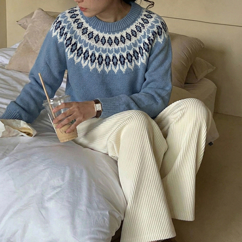 Damen Rundhals-Pullover mit Jacquard-Yoke und Relaxed-Fit Nord Taschen