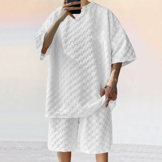 Unisex nan übergroßes Freizeit-Set aus strukturierter Waffelqualität mit Rundhalsausschnitt und locker sitzender Bermudashorts