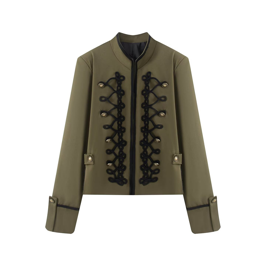 Damen Kurzjacke im Militärestil mit Stehkragen Kordverzierung und Zierknöpfen Nord Taschen