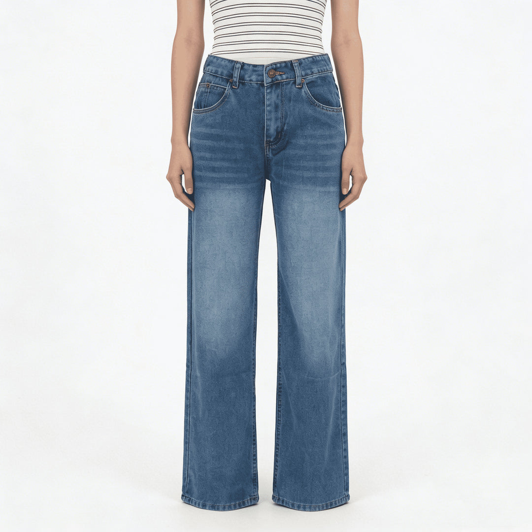 Damen hochgeschnittene Weitbein-Jeans mit tonaler Seitennaht und verwaschenem Verlauf Nord Taschen