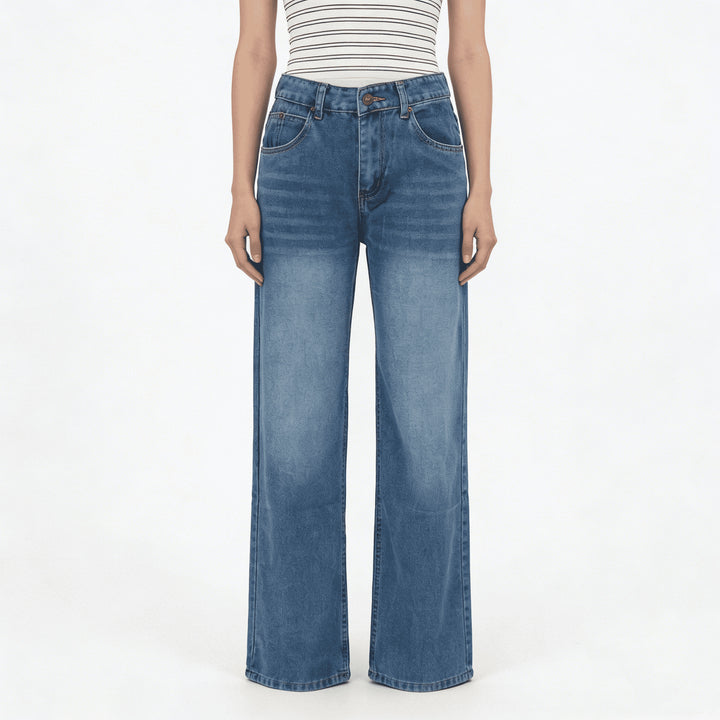 Damen hochgeschnittene Weitbein-Jeans mit tonaler Seitennaht und verwaschenem Verlauf Nord Taschen