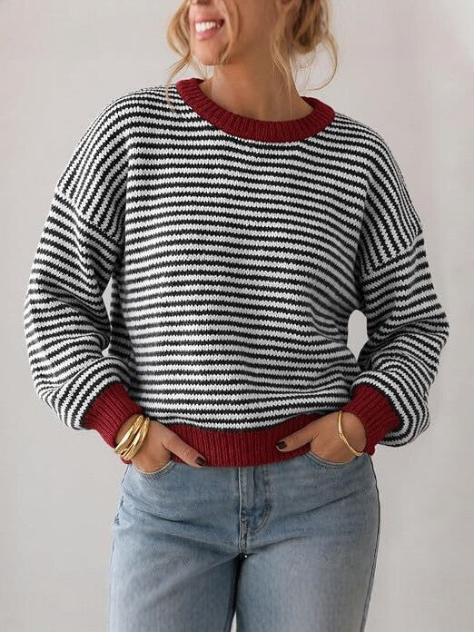 Damen Gestreifter Rippstrick-Pullover mit Kontrast-Bündchen Nord Taschen