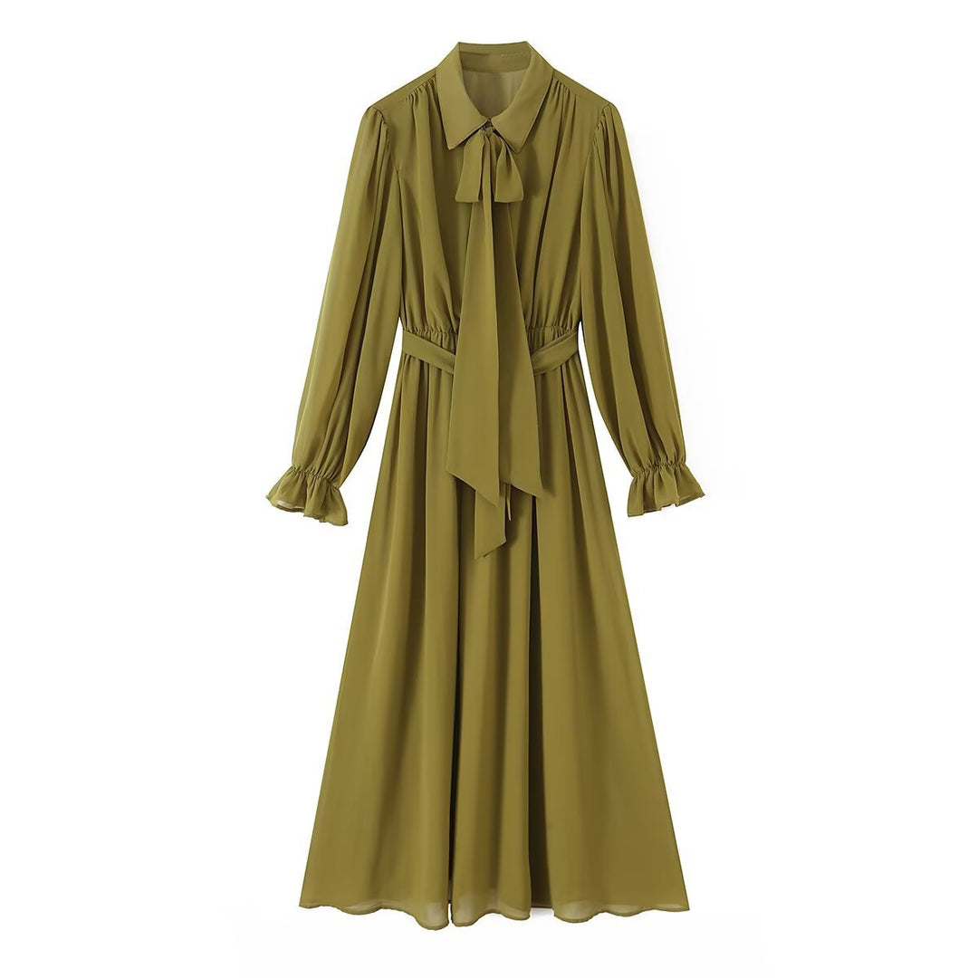 Damen Chiffon‑Maxikleid mit Bindeschleife, tailliertem Knotenband und Rüschenärmeln Nord Taschen