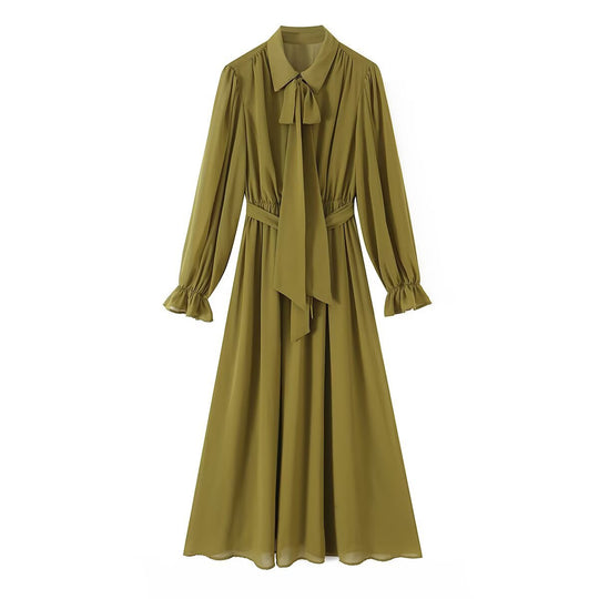 Damen Chiffon‑Maxikleid mit Bindeschleife, tailliertem Knotenband und Rüschenärmeln Nord Taschen