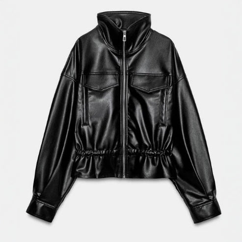 Damen Glänzende Cropped‑Kunstlederjacke im Blousonstil mit Stehkragen und Tunnelzugbund Nord Taschen