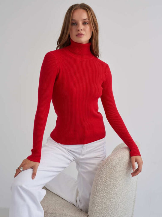 Damen Figurbetonter Rippstrick-Rollkragenpullover Nord Taschen