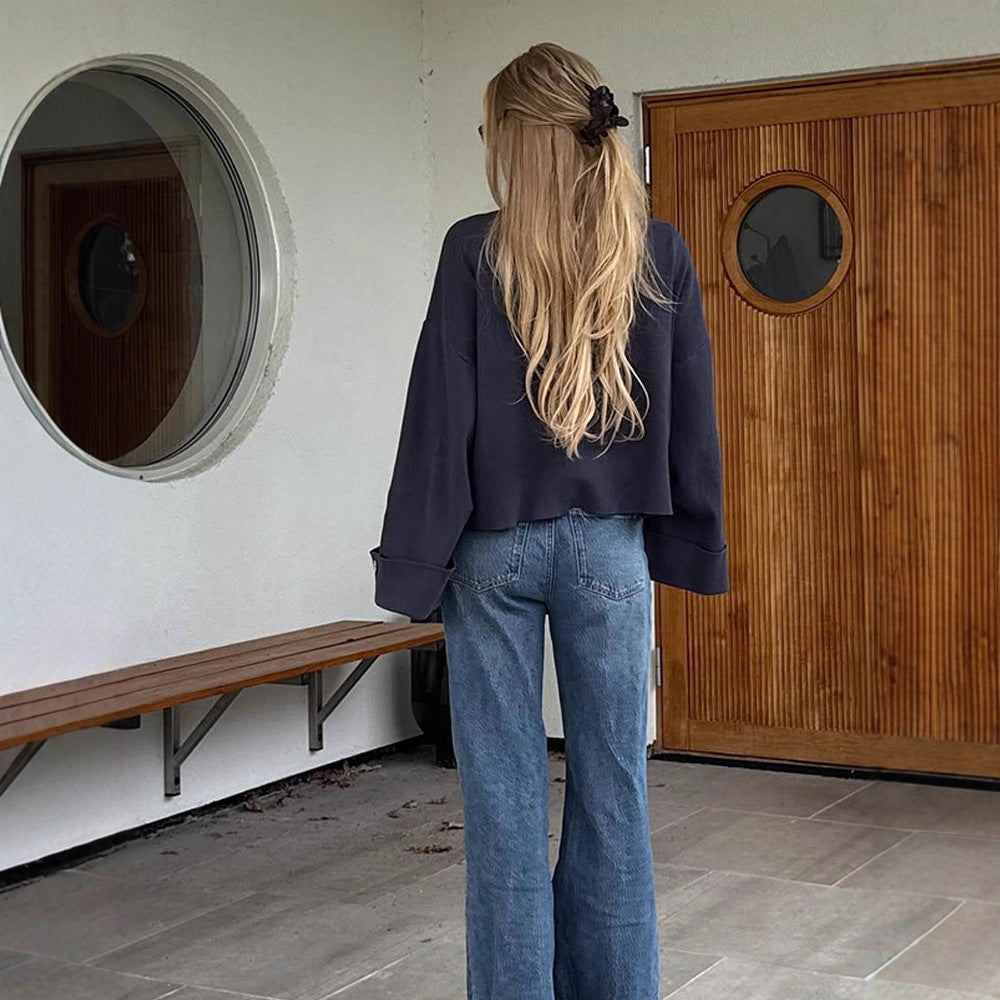Damen Oversize Cropped-Jacke mit weiten Trompetenärmeln und Knopfmanschetten Nord Taschen