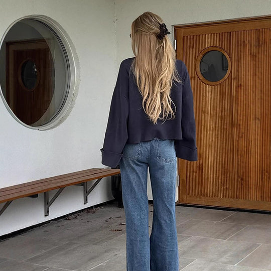 Damen Oversize Cropped-Jacke mit weiten Trompetenärmeln und Knopfmanschetten Nord Taschen