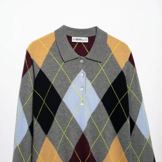 Damen Pullover mit Polokragen und Argyle‑Jacquardmuster Nord Taschen