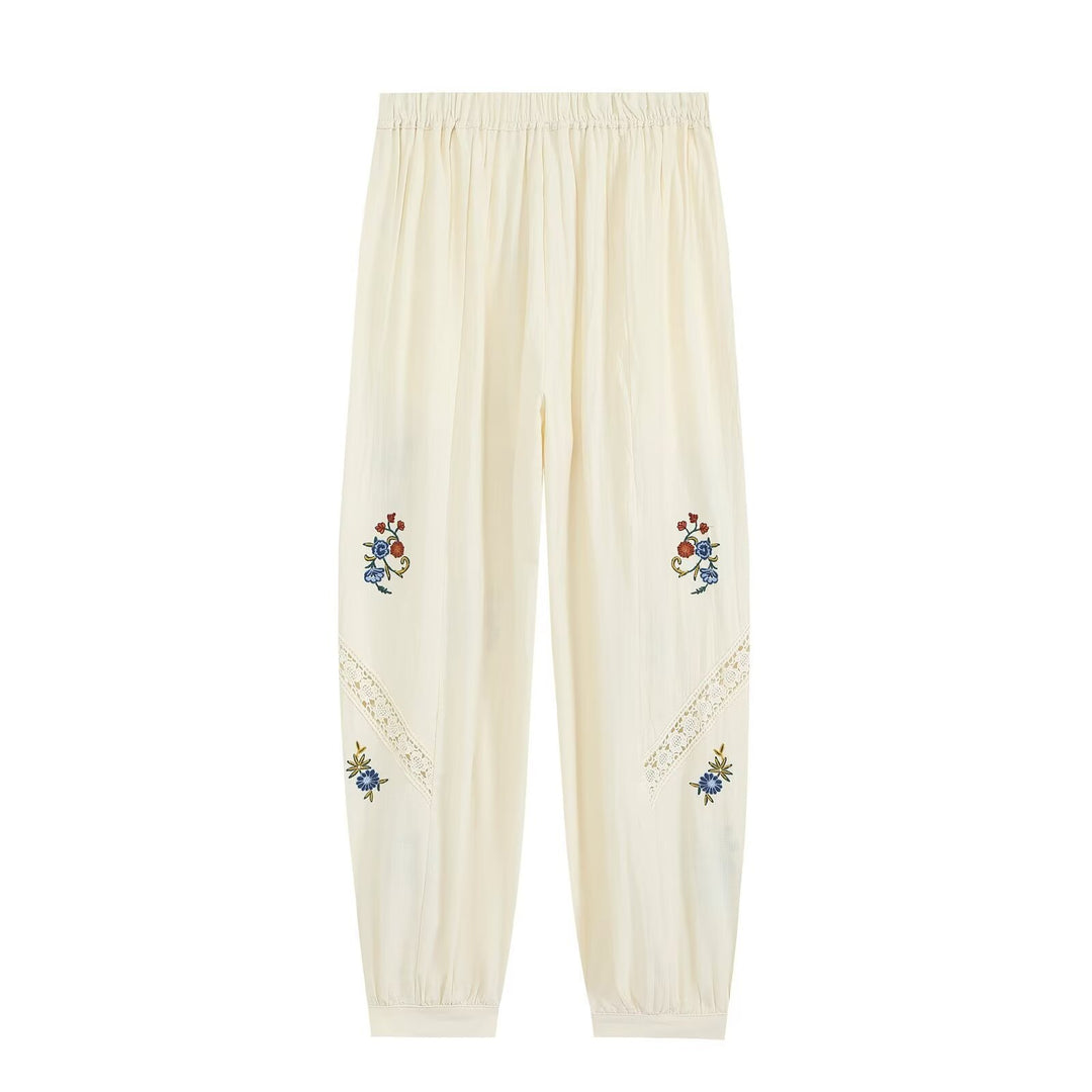 Damen Locker geschnittene Boho-Hose mit floraler Stickerei, Spitzeneinsätzen und elastischen Bündchen Nord Taschen