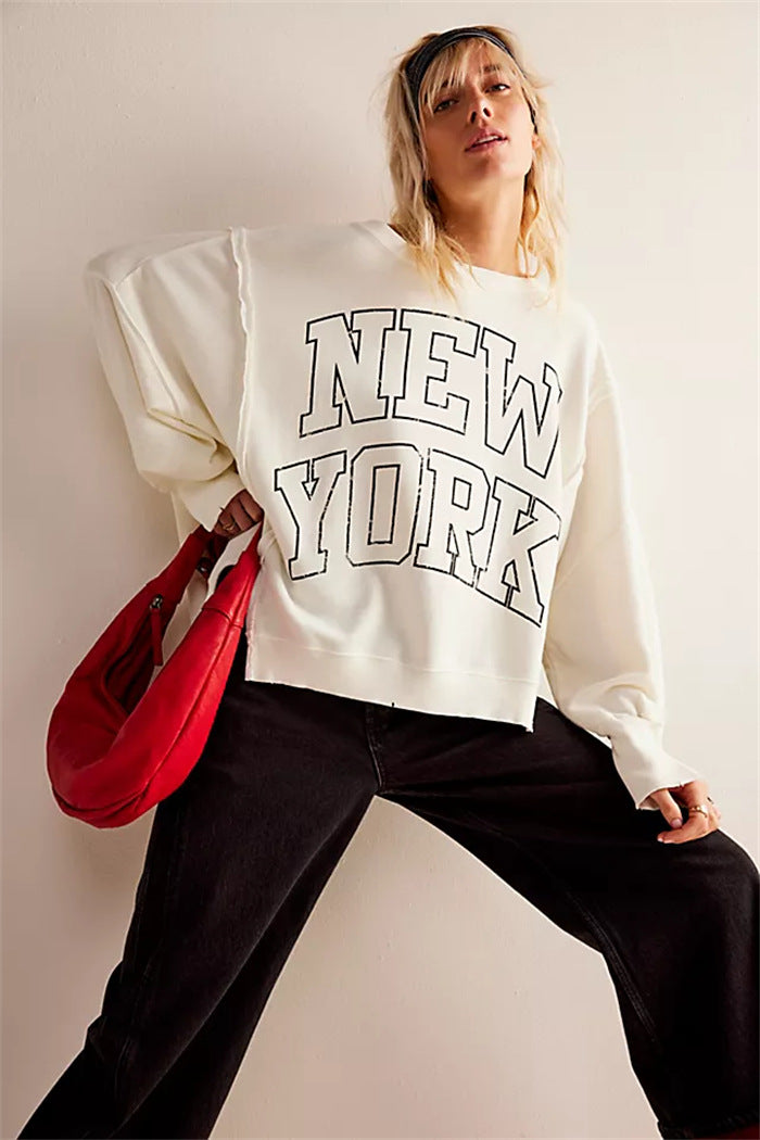 Damen oversized Sweatshirt mit Rüben-Print, ausgefransten Nahtakzenten und Daumenlochärmeln Nord Taschen