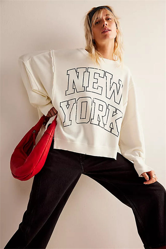 Damen oversized Sweatshirt mit Rüben-Print, ausgefransten Nahtakzenten und Daumenlochärmeln Nord Taschen