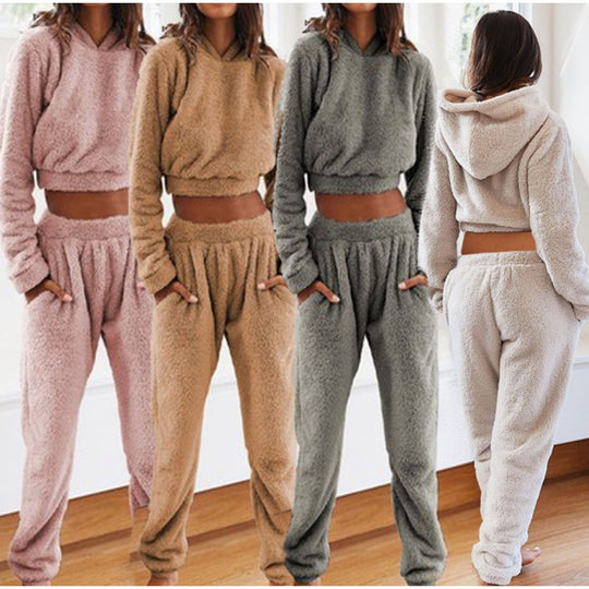 Damen Kuschelige Teddy-Fleece-Loungewear mit Cropped-Hoodie und High-Waist-Jogginghose Nord Taschen