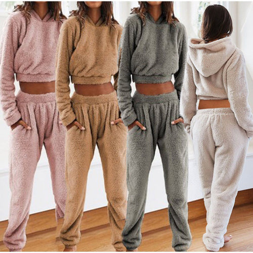 Damen Kuschelige Teddy-Fleece-Loungewear mit Cropped-Hoodie und High-Waist-Jogginghose Nord Taschen