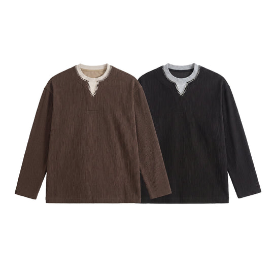 Herren Texturierter Sweatshirt-Pullover mit Lagenkragen und dekorativer Ziernaht Nord Taschen