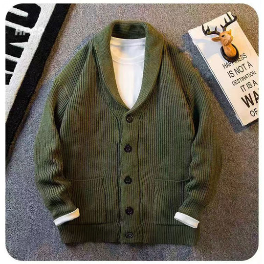 Herren Schalkragen-Cardigan aus grobem Rippstrick mit Taschen & Knopfleiste Nord Taschen