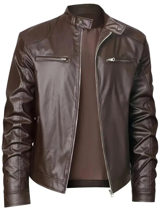 Herren schlanke Kunstleder-Bikerjacke mit Stehkragen, durchgehendem Reißverschluss und zwei Brusttaschen Nord Taschen