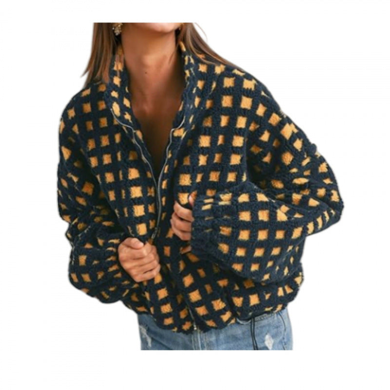 Damen Kurz geschnittene Sherpa Fleecejacke mit geometrischem Muster und Kordelzug Nord Taschen