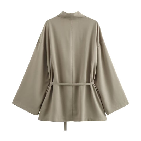 Damen Kimono-Jacke mit Wickelgürtel, weitem Schnitt und Schalkragen Nord Taschen
