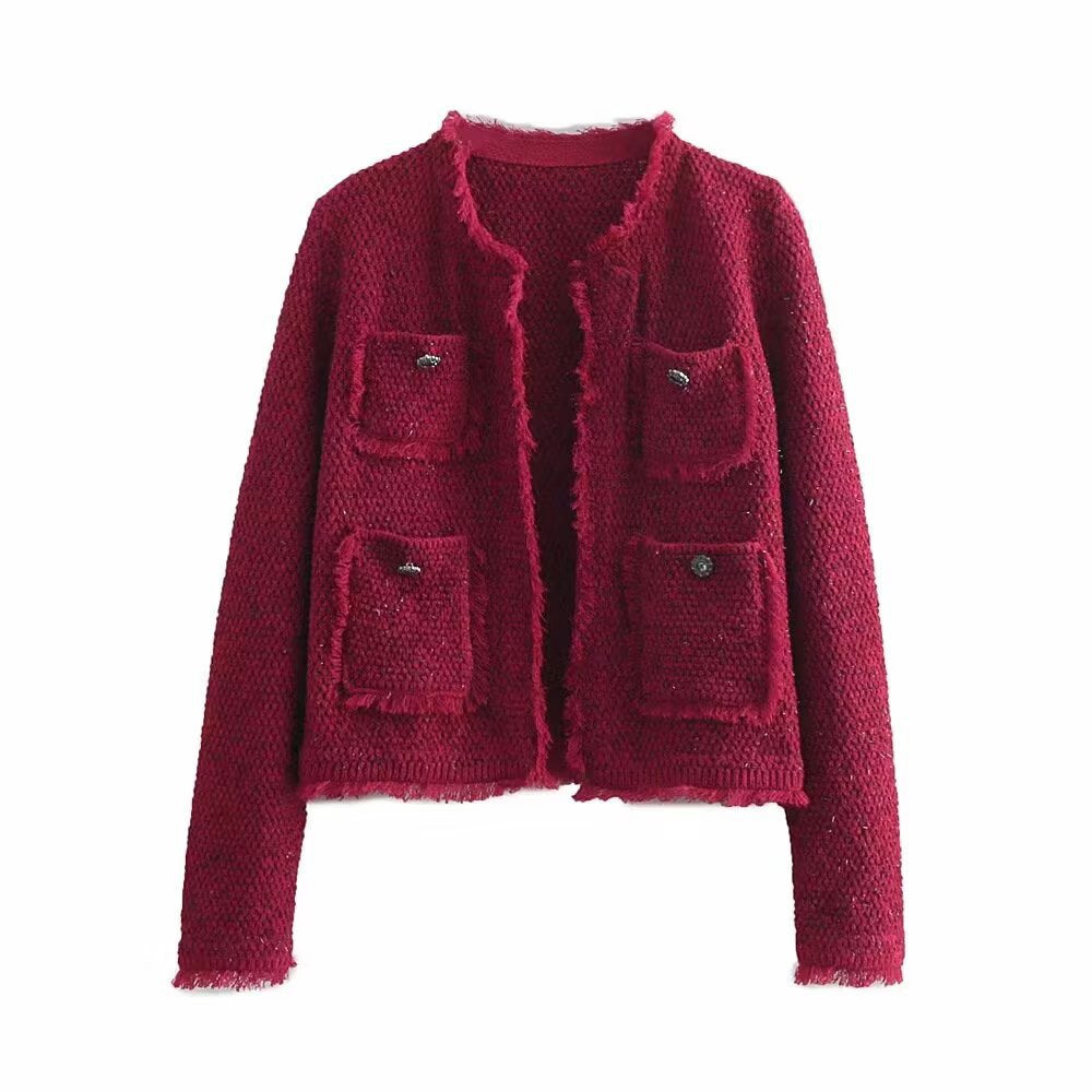 Damen kurze Bouclé‑Tweed‑Jacke mit Fransenbesatz, aufgesetzten Pattentaschen und Rundhalsausschnitt Nord Taschen