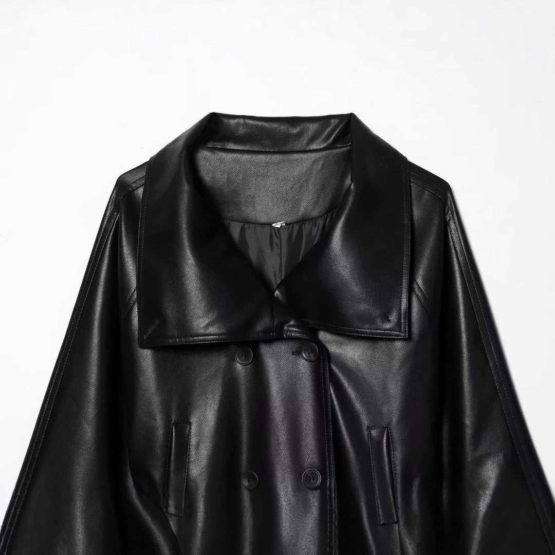 Damen Cropped Kunstleder‑Trenchjacke im Boxy‑Schnitt mit übergroßem Schalkragen und Bindegürtel Nord Taschen