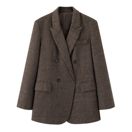 Damen Zweireihiger Wollmix-Blazer im Fischgrätmuster mit Pattentaschen Nord Taschen