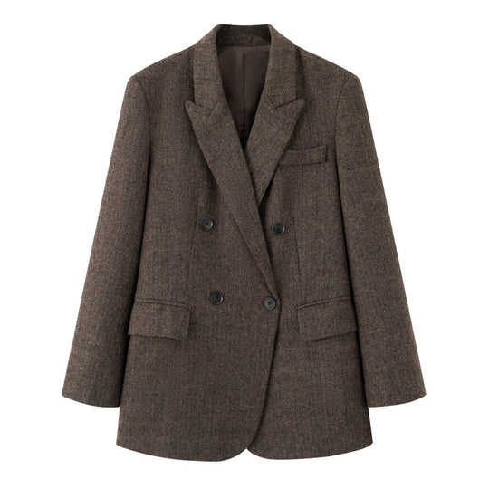 Damen Zweireihiger Oversize-Tweed-Blazer mit Fischgrätmuster Nord Taschen