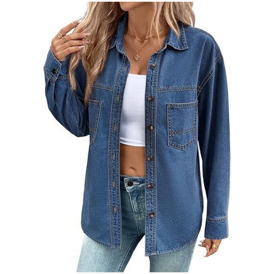 Damen Oversize Jeanshemdjacke im Washed-Look mit Brusttaschen und durchgehender Knopfleiste Nord Taschen