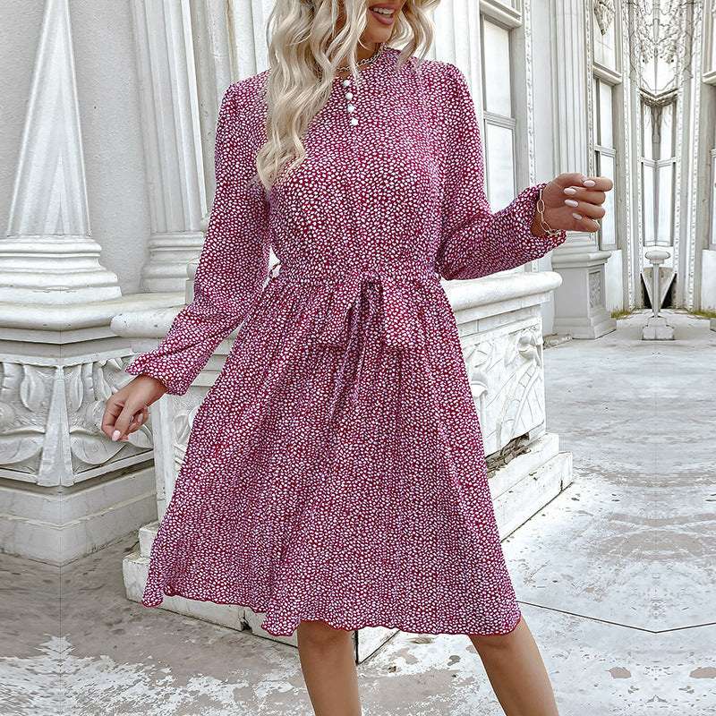 Damen Midikleid mit Stehkragen, Taillenband und langen Ärmeln Nord Taschen