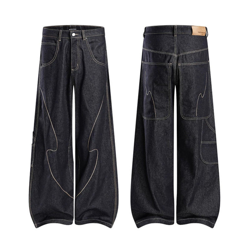 Damen High‑Waist weite Balloon-Jeans mit Kontrastnähten und Utility‑Tasche Nord Taschen