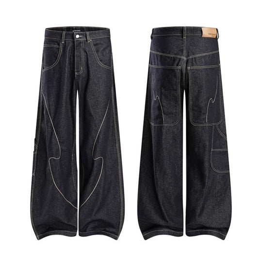 Damen High‑Waist weite Balloon-Jeans mit Kontrastnähten und Utility‑Tasche Nord Taschen
