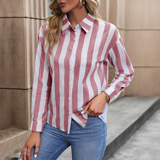 Damen Gestreifte Viskose-Hemdbluse mit Kentkragen und tailliertem Fall Nord Taschen