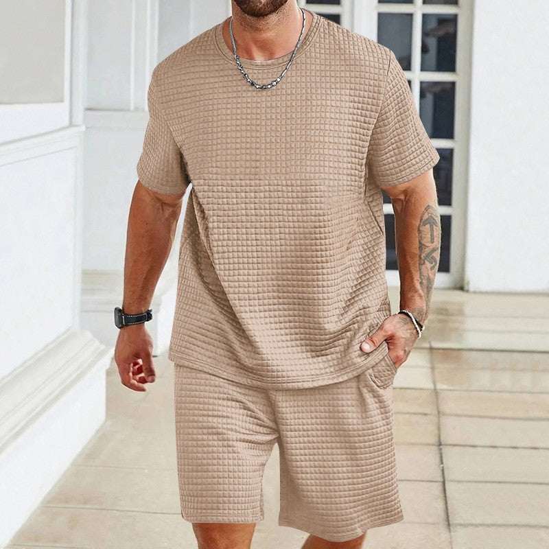 Herren nan leichter Freizeit-Zweiteiler in Waffelstruktur mit Rundhals-T-Shirt und komfortablen Shorts