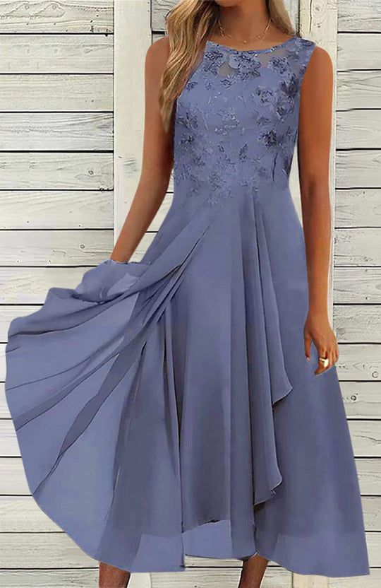 Damen nan ärmelloses Chiffon-Midikleid mit bestickter Brustpartie und asymmetrischem Lagenrock - Arvani