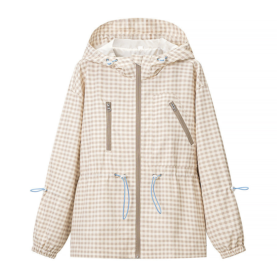 Damen Leichte Kapuzen-Outdoorjacke im Vichy-Karo mit Tunnelzugtaillierung Nord Taschen