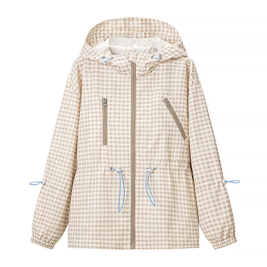 Damen Leichte Kapuzen-Outdoorjacke im Vichy-Karo mit Tunnelzugtaillierung Nord Taschen