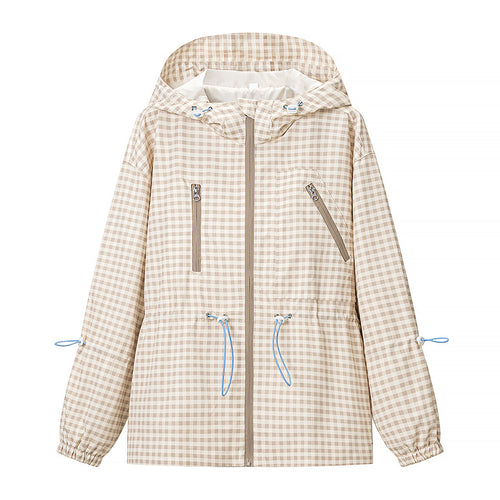 Damen Leichte Kapuzen-Outdoorjacke im Vichy-Karo mit Tunnelzugtaillierung Nord Taschen