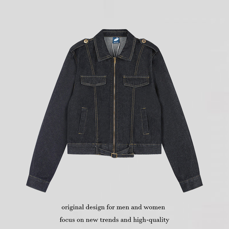 Damen Kurz geschnittene Jeansjacke mit Schulterklappen, Reißverschluss und Taillengürtel Nord Taschen