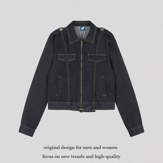 Damen Kurz geschnittene Jeansjacke mit Schulterklappen, Reißverschluss und Taillengürtel Nord Taschen