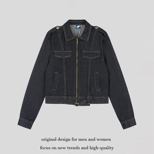 Damen Kurz geschnittene Jeansjacke mit Schulterklappen, Reißverschluss und Taillengürtel Nord Taschen