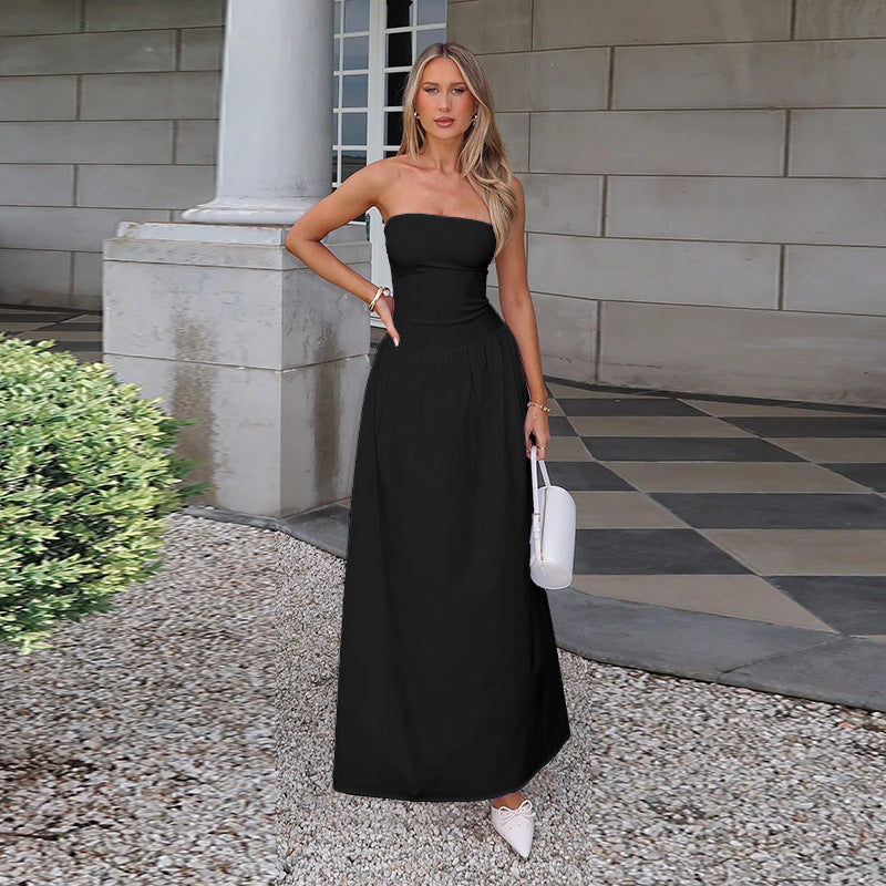Damen elegantes Bandeau-Maxi-Kleid mit schwingendem Rock und elastischem Bund