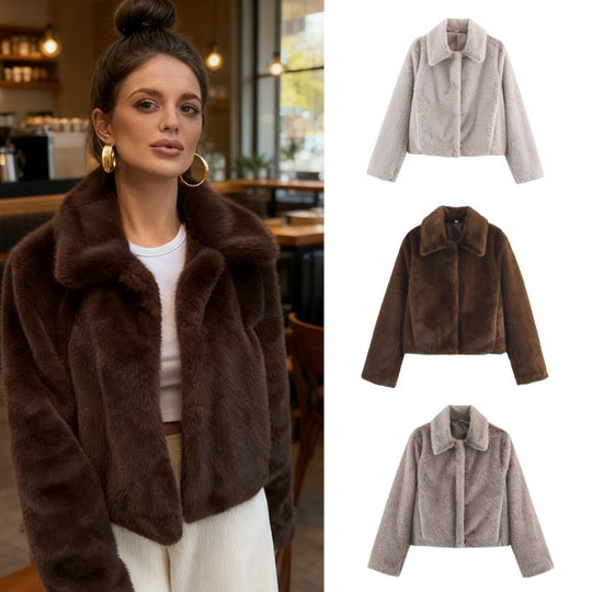 Damen Boxy-Faux-Fur-Kurzjacke mit klassischem Hemdkragen und samtigem Futter Nord Taschen