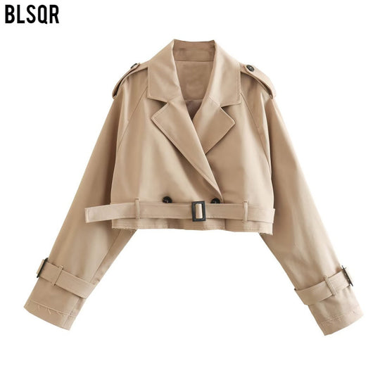 Damen kurzgeschnittene Trenchjacke mit Epauletten, Taillengürtel und verstellbaren Manschetten Nord Taschen