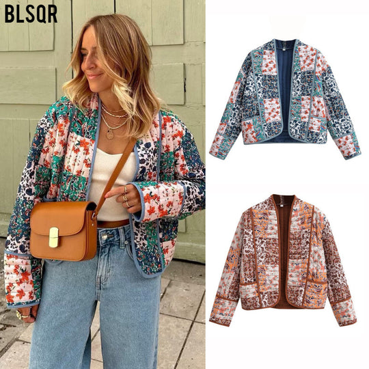 Damen Gesteppte Patchwork‑Steppjacke mit Blumenprint, offener Kimono‑Silhouette und aufgesetzten Taschen Nord Taschen