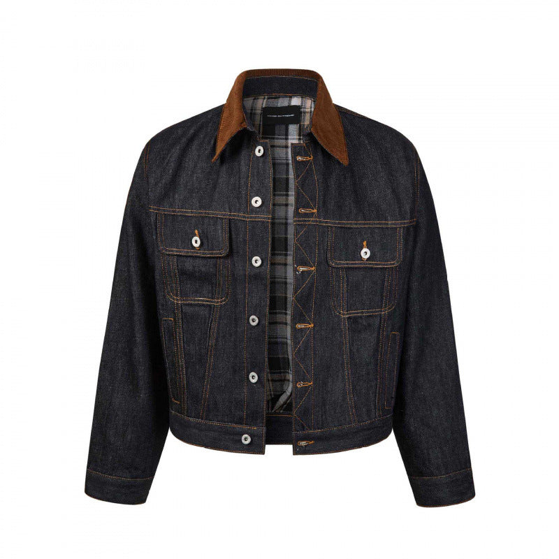Herren Boxy Denim-Jacke mit Cordkragen und kariertem Futter Nord Taschen