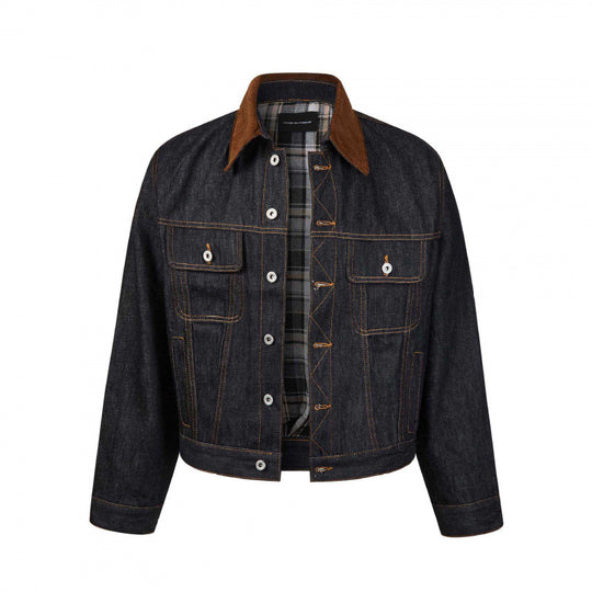 Herren Boxy Denim-Jacke mit Cordkragen und kariertem Futter Nord Taschen